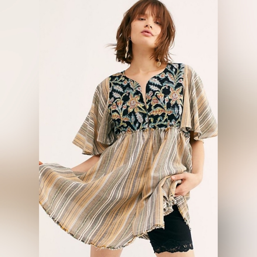 Free People Dress Under The Sun Mini Tunic Black Combo Oversize Womens Small